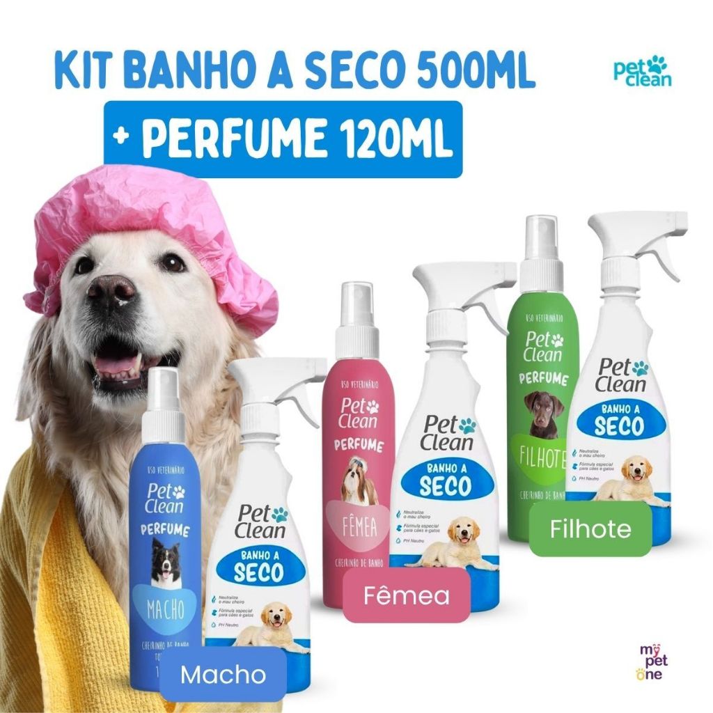 Kit Banho a Seco Pet Clean Spray 500 ml e Perfume Colônia Pet Shop 120 ml Macho,Femea e Filhote Pet Clean