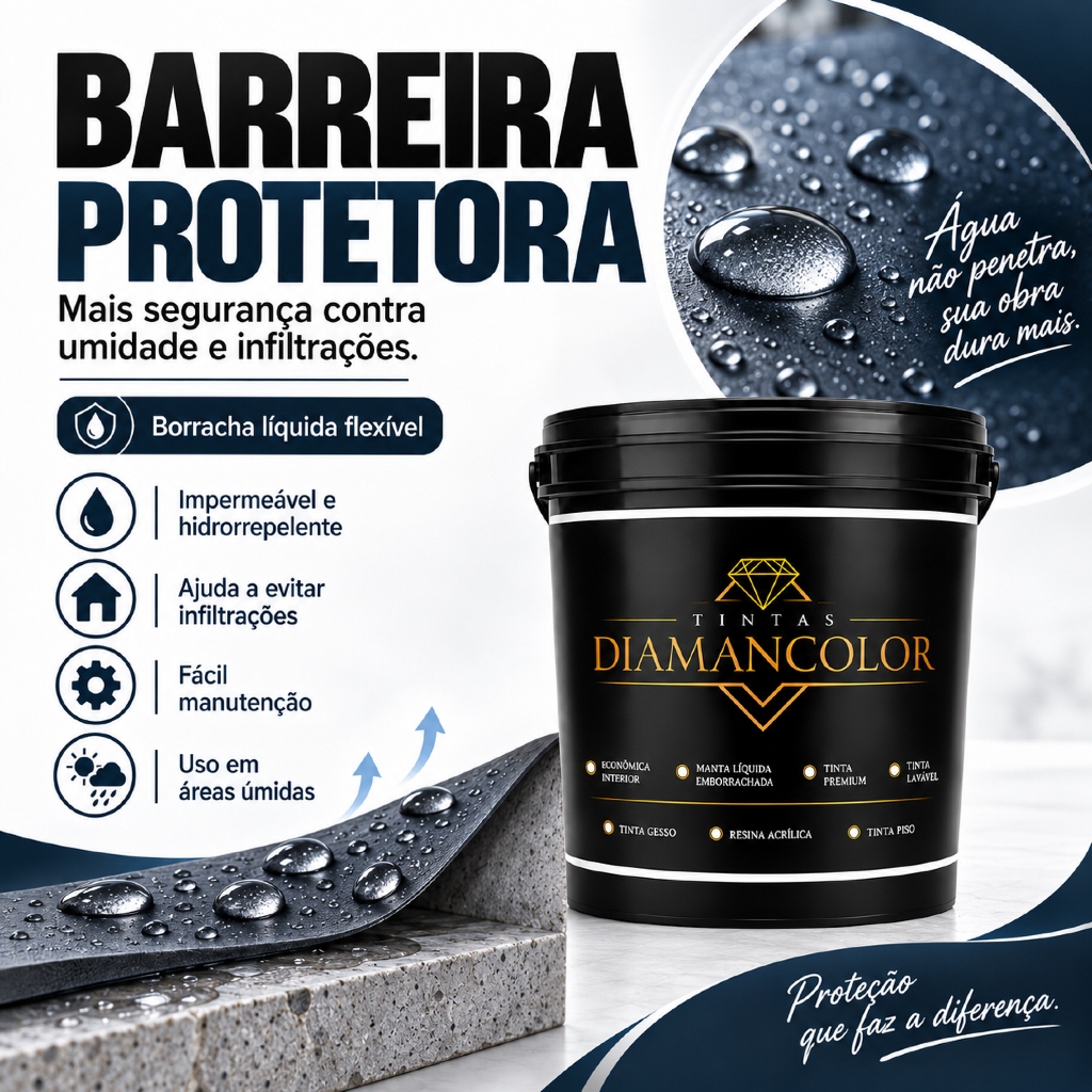 Manta Líquida Emborrachada Impermeabilizante 3,6kg ou 1kg Laje Telhado Parede Anti Mofo Diamancolor
