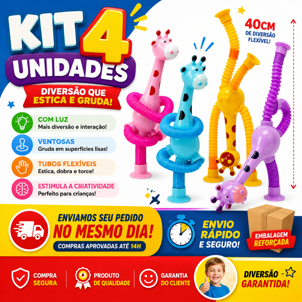 Kit 4 Girafas Sucção Pop Tube Luz Led com Ventosa Estica Brinquedo Infantil Anti Stress Dute Toy