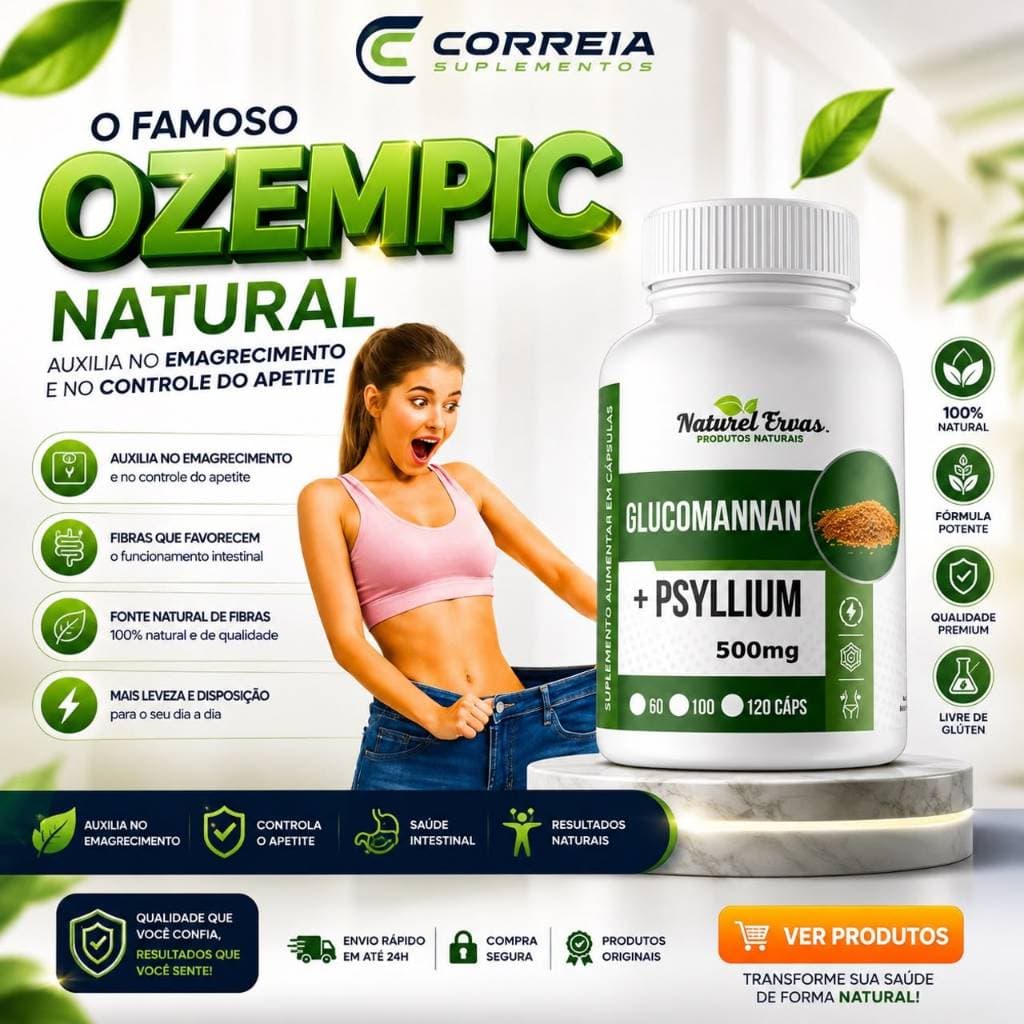 Glucomannan e Psyllium 120 Cápsulas – 500mg Suplemento de Fibras Naturais