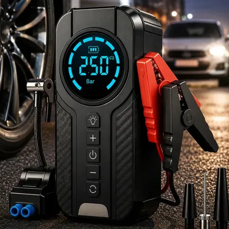 Auxiliar De Partida Bateria Com Compressor De Ar 150 Psi Calibrador Digital De Pneu 12V 4 Em 1 Recarregável Bivolt Inflador Mangueira Para Carro Caminhonete SUV Pickup Emergência Automotiva MidiaFone