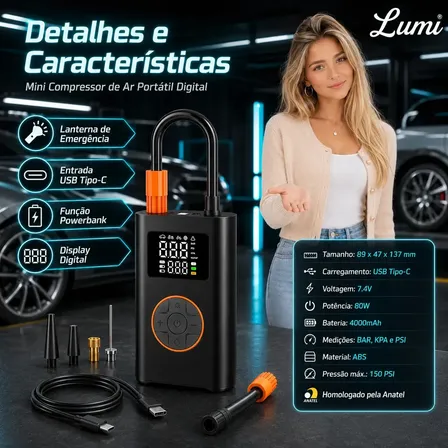 Compressor de Ar Digital Portátil Lumi, Sem Fio, Para Carro e Moto