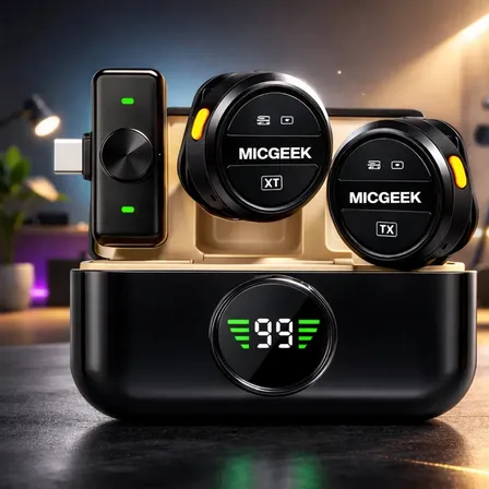 Microfone Lapela Redondo Sem Fio Tipo-C Duplo Anti Ruído P/ Android E iPhone 15 16 17 Com Caixinha Para Carregamento Cor Preto MICGEEK