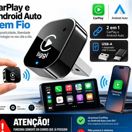 Adaptador CarPlay Sem Fio Android Auto 2 Em 1 USB Wireless Car Play Automático Liggi