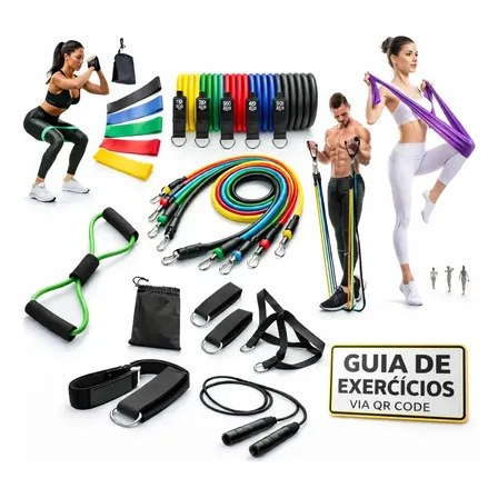 Kit 20 Itens: Elasticos Extensores + 5 Mini bands + 1 Corda de Pular + 1 Cross tube + 1 Thera Band + Guia de Exercícios Cardio- Fisioterapia - Pilates- Academia- Treino em Casa Reativo Sport e Fitness