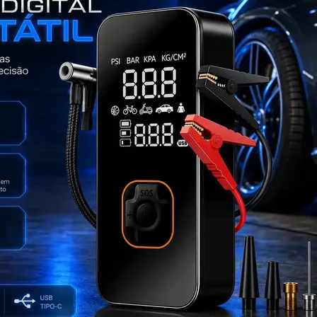 Bomba Elétrica Portátil Digital Para Encher Pneu De Carro Moto Bicicleta Inflador Automotivo Cor Preto