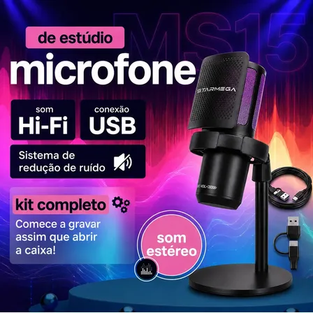 Microfone Condensador Rgb Alta Sensibilidade Usb para Gamer Streaming e PC Com Luz LED